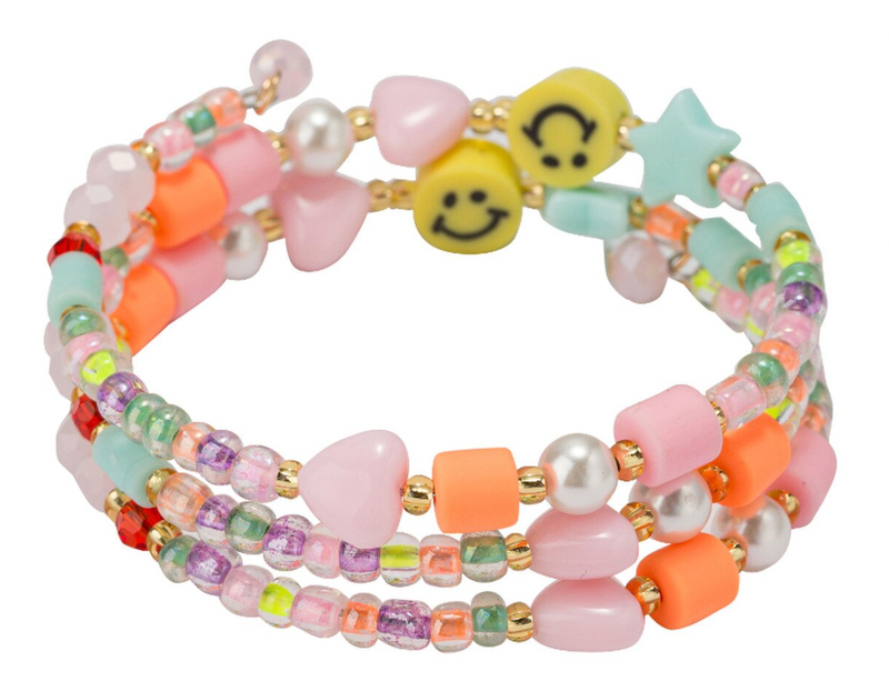 Kids Multi Beaded Coil Wrap Bracelet with Happy Face, Stars, and Hearts