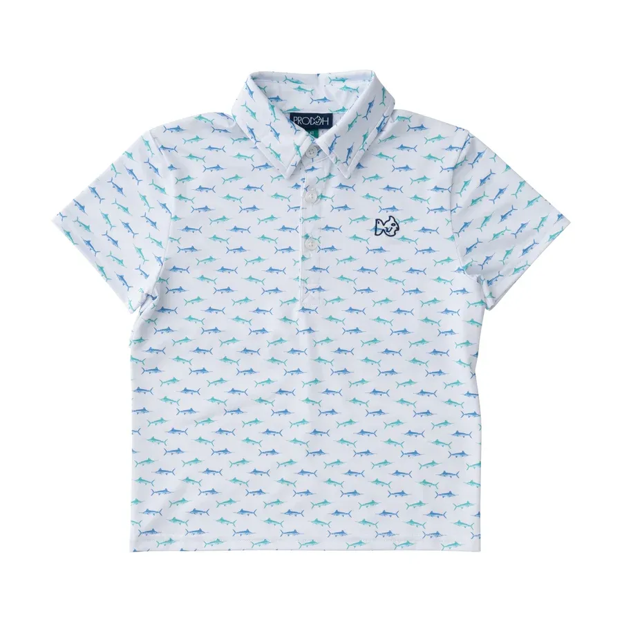 Fish Print on White Boys Pro Performance Polo