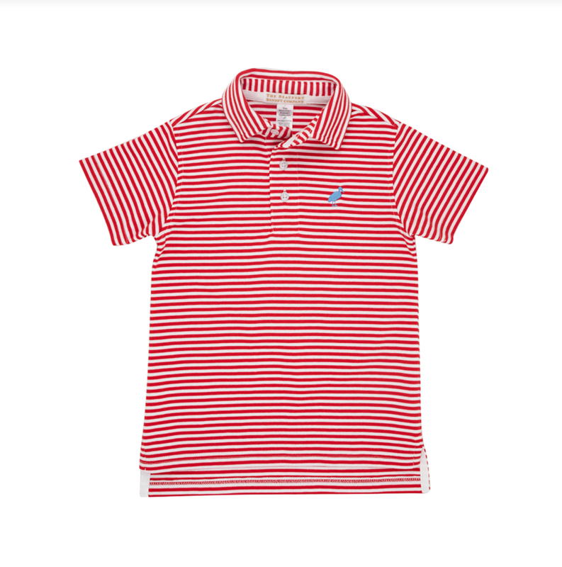 Prim and Proper Polo in Richmond Red Stripe with Barbados Blue Stork