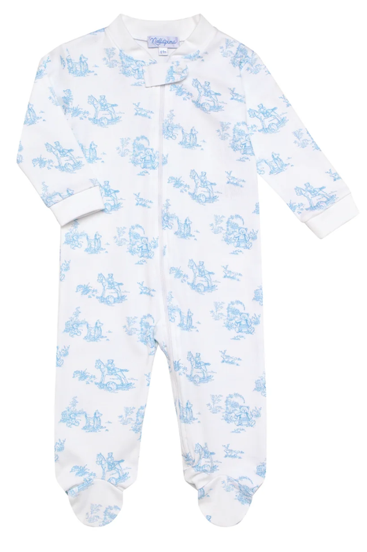 Blue Toile Zipper Footie