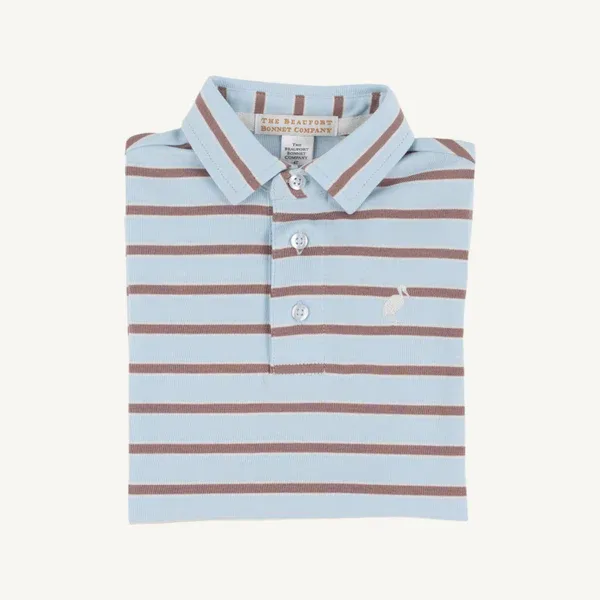 Buckhead Blue Palmetto Pearl & Gray Bay Brown Stripe Short Sleeve Polo