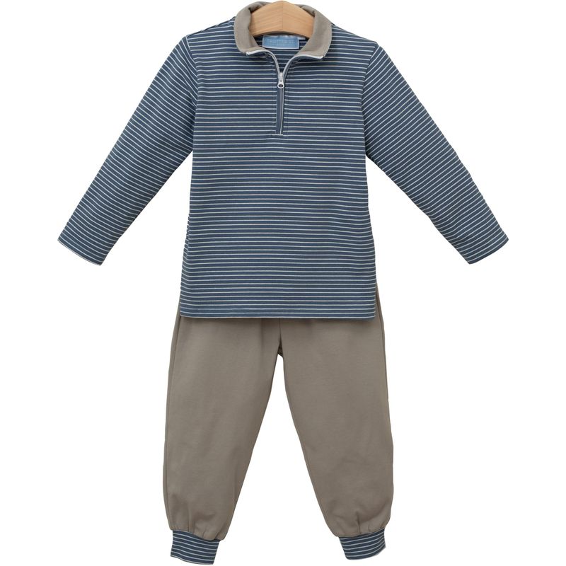Blue/Beige Stripe Tucker Pullover Set