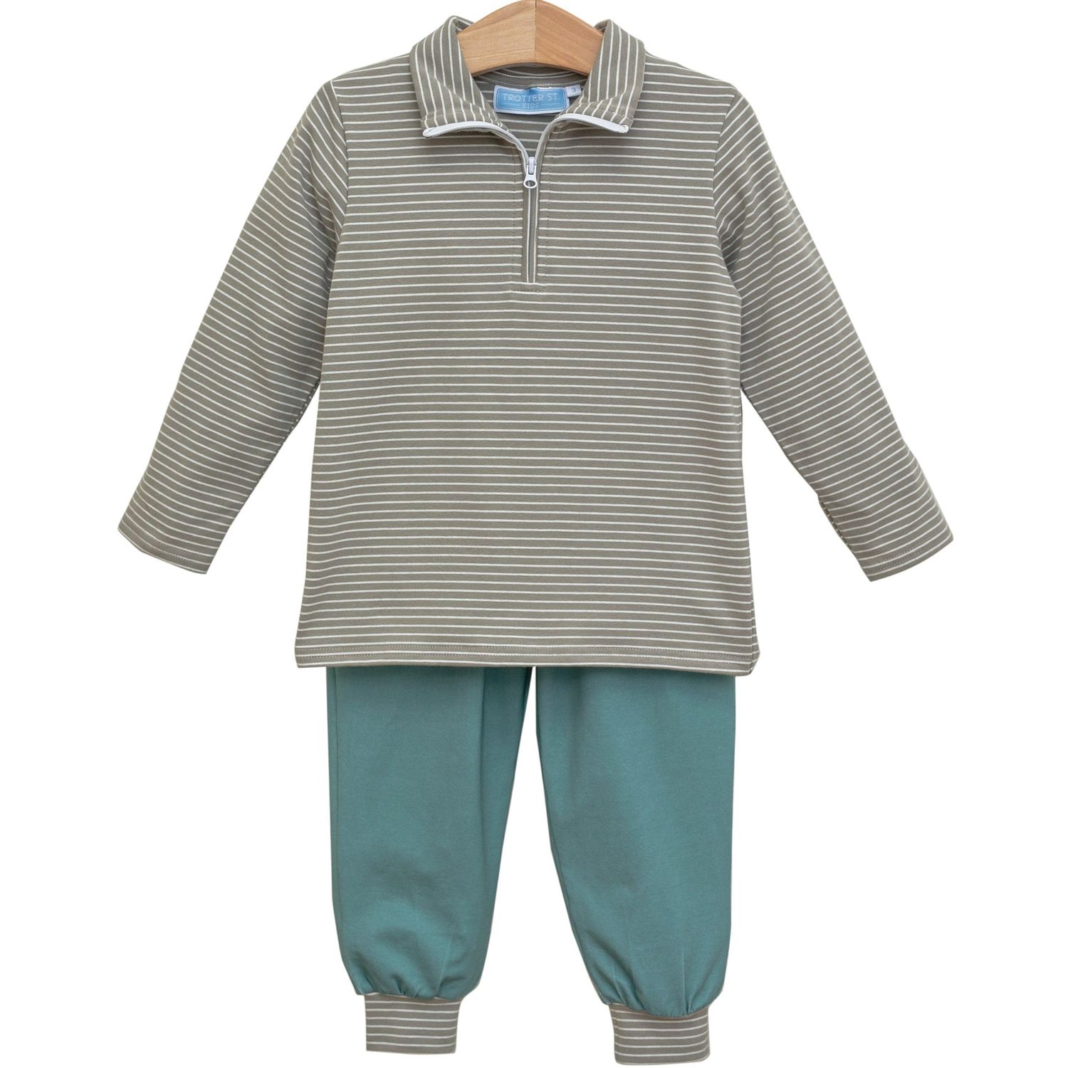 Beige/Sage Striped Tucker Pullover Set