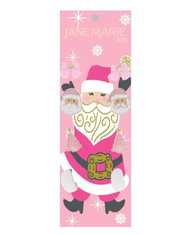 Set of 4- Pink Bow, Santa, Tree, White Hoop Earring