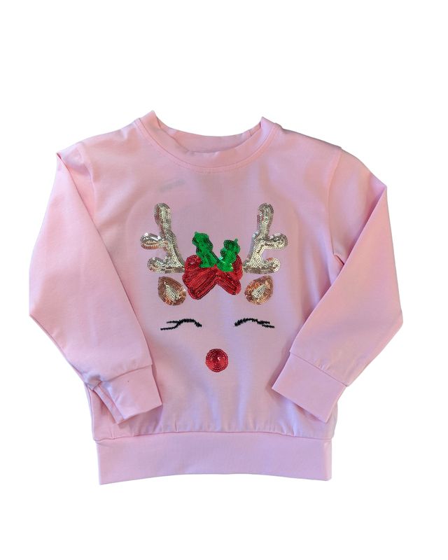 Light Pink Long Sleeve Sequin Reindeer Top