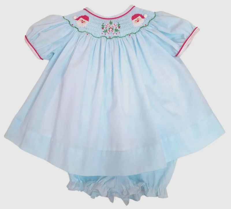 Girls Blue Hand Smocked Santa Bishop
