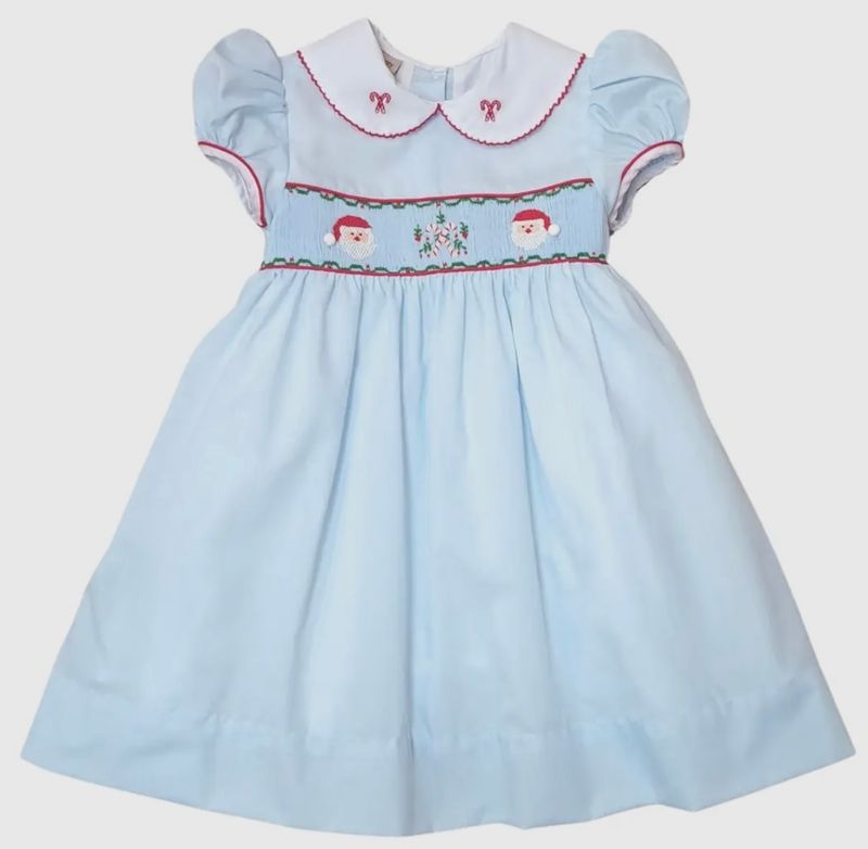 Girls Blue Hand Smocked Santa Claus Dress