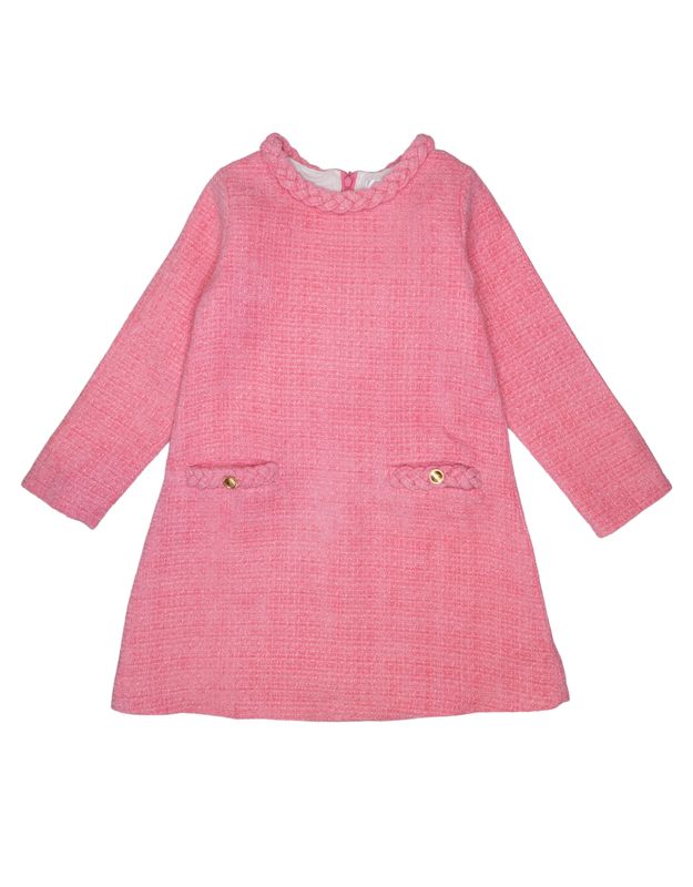Pink Tweed Long-sleeve Braided Dress