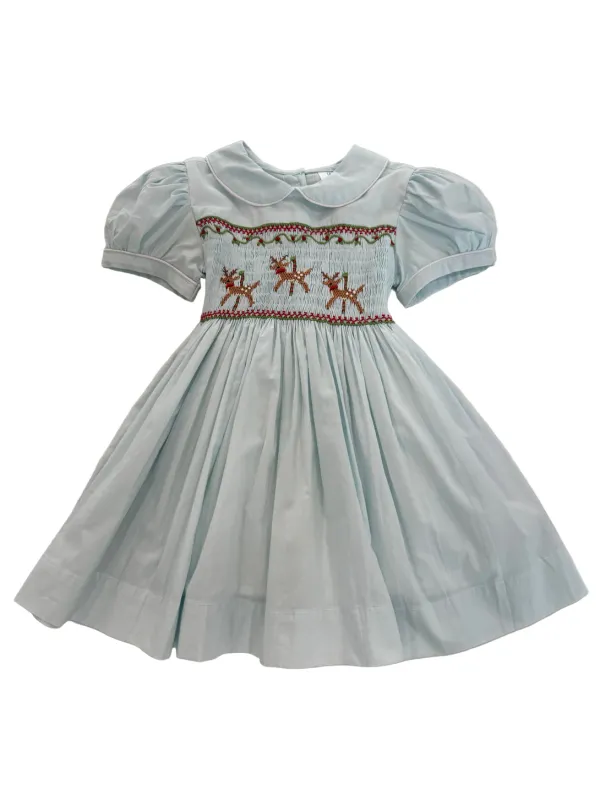 Light Blue Reindeer Smocked Dress
