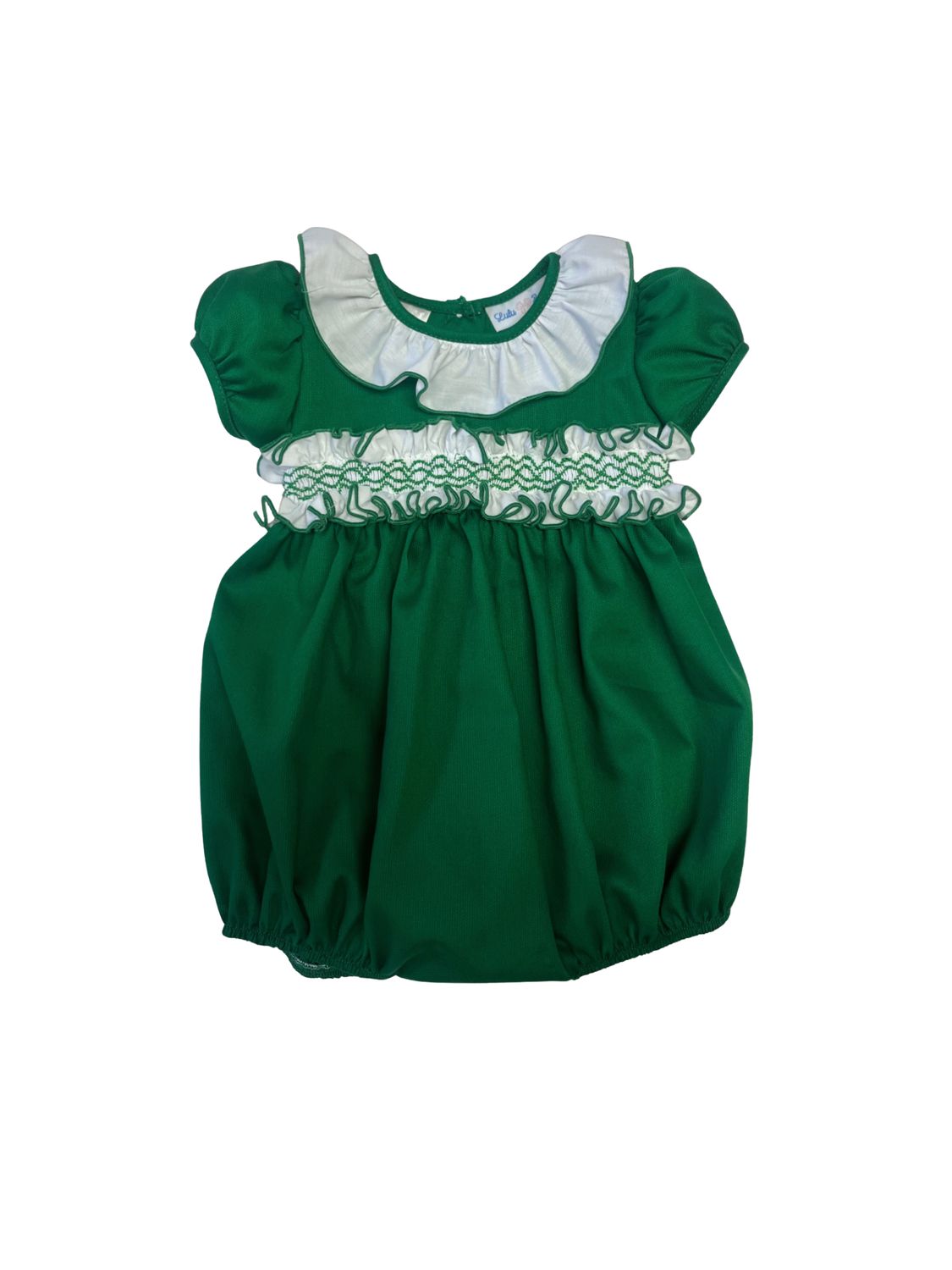 Kyra Classic Green Smocked Ruffled Sash Collared Bubble