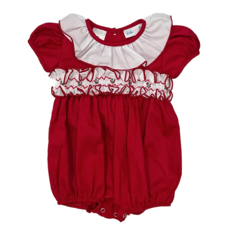 Classic Red Smocked Ruffle Collared Bubble