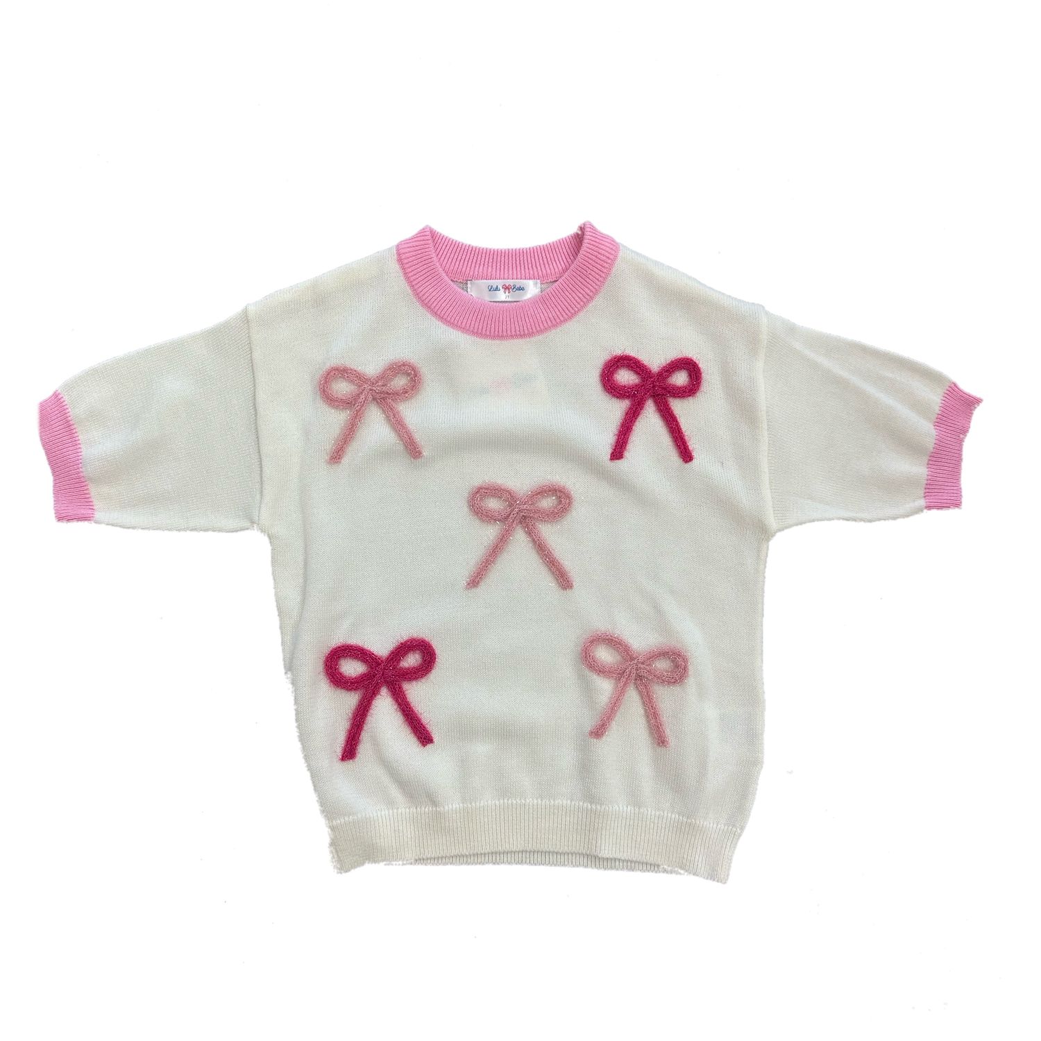 Cream Sweater with Pink Bow Trim