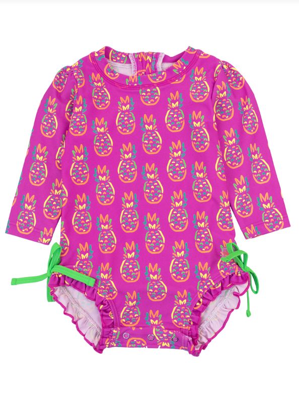 Neon Violet Pineapples Long Sleeve One Piece Rashguard