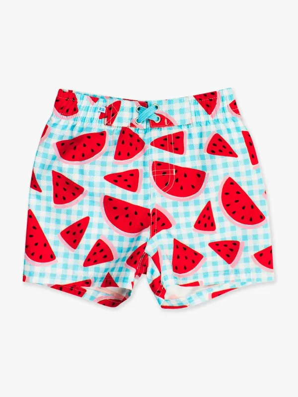 Watermelon Gingham Block Swim Trunks