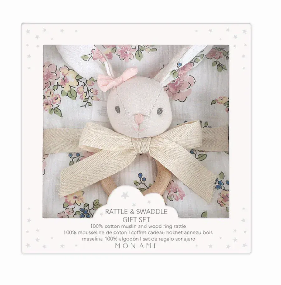 Floral Muslin Swaddle/Bunny Wood Rattle Set
