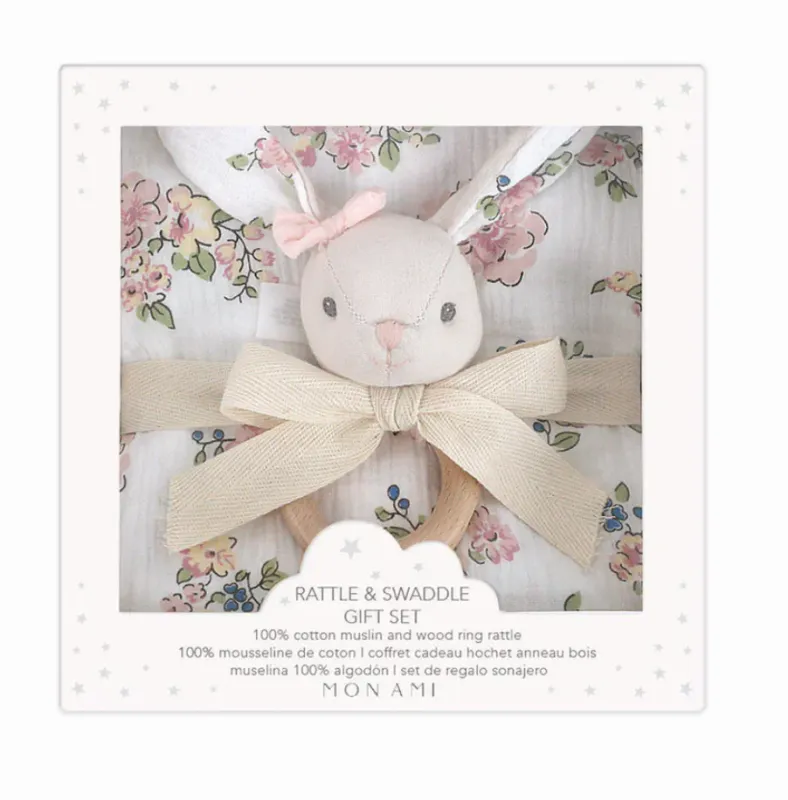 Floral Muslin Swaddle/Bunny Wood Rattle Set