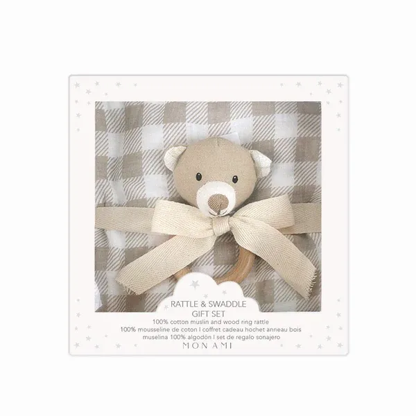 Gingham Muslin Swaddle/Bear Wood Rattle Set