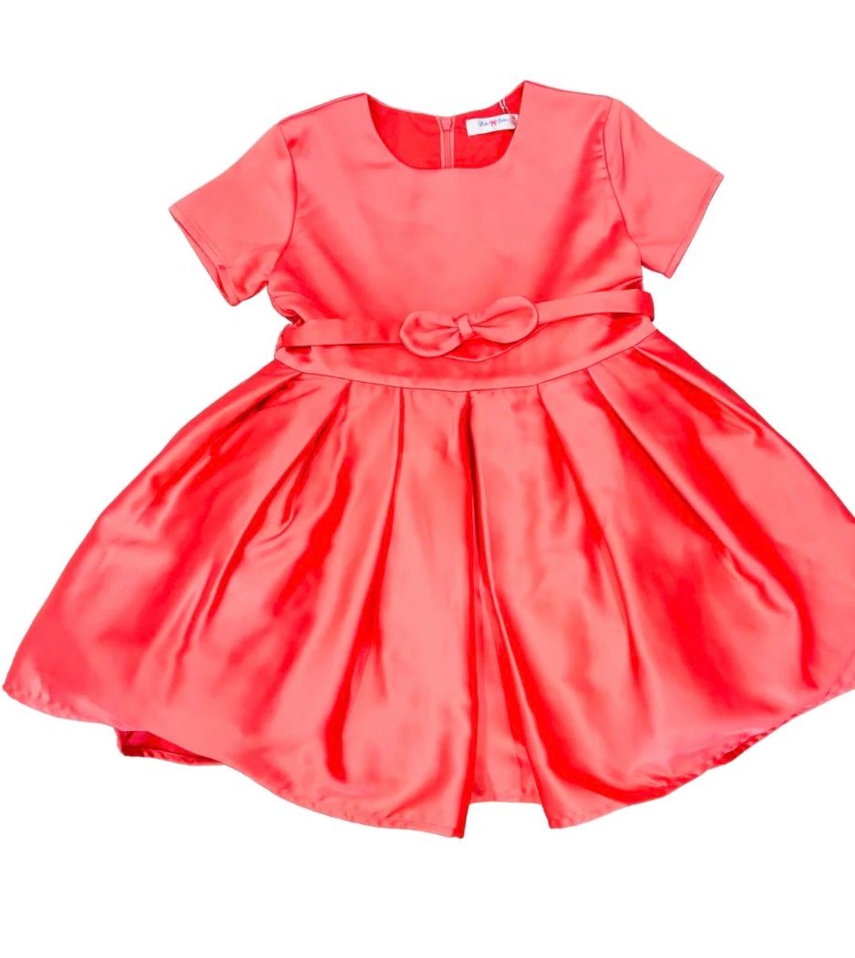 Coral Short Sleeve Waist Bow Dress