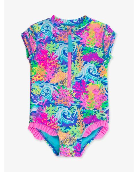 Neon Ocean  Coral Short Sleeve Rash Guard One Piece