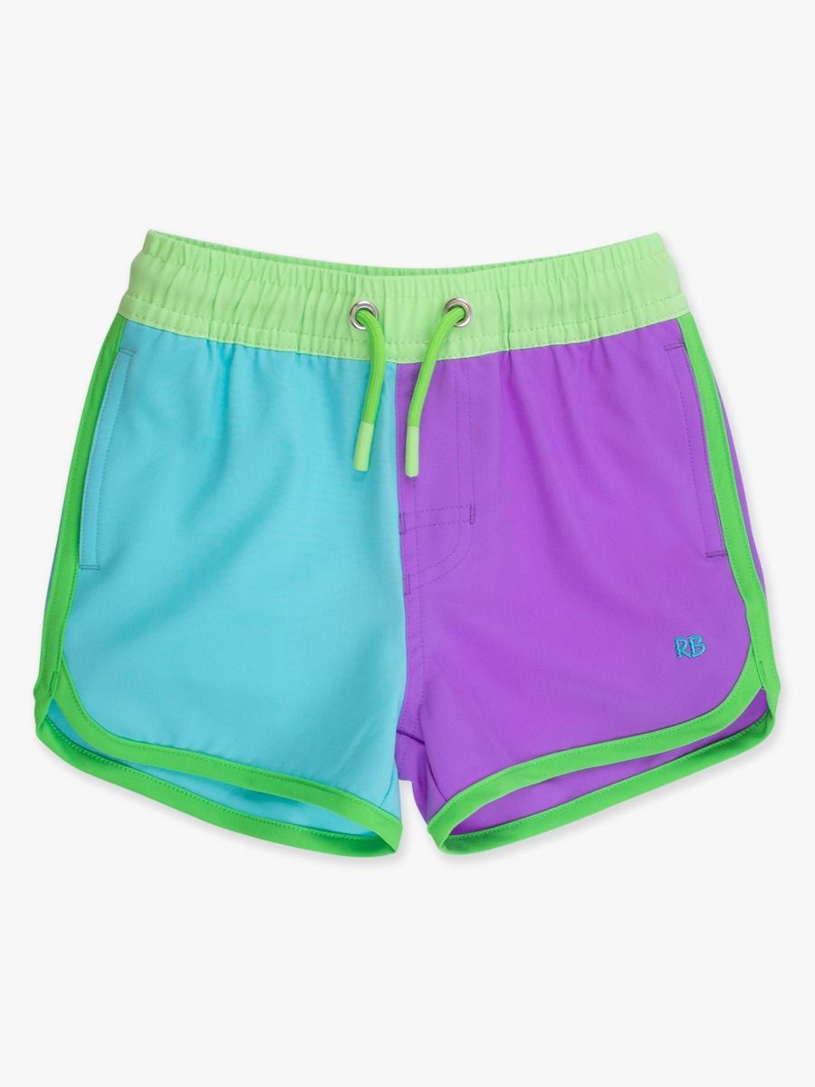 Neon Bright Aqua Color Block Performance Hybrid Dolphin Hem Swim Trunks