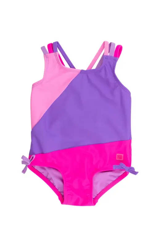 Neon Purple Color Block Cross-Back One Piece
