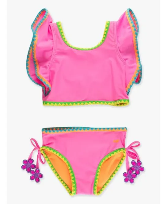 Neon Pink Crochet Detal Peplum Two Piece