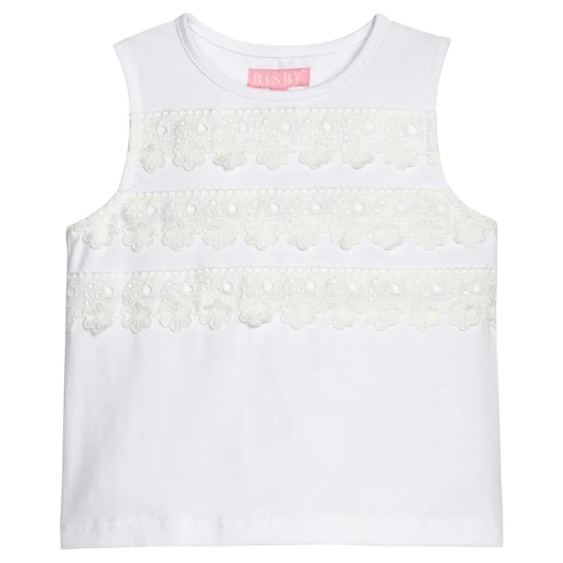 Sleeveless Tank in White Eyelet Stripe
