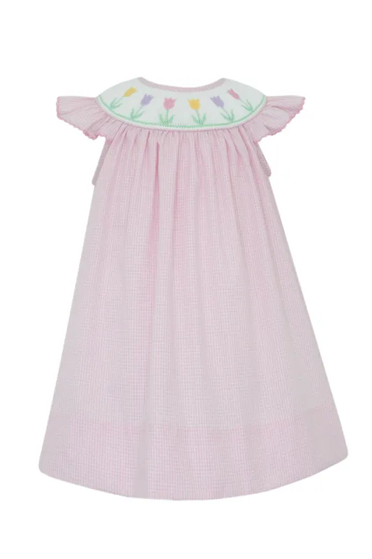 Spring Tulips Pink Gingham Bishop Dress