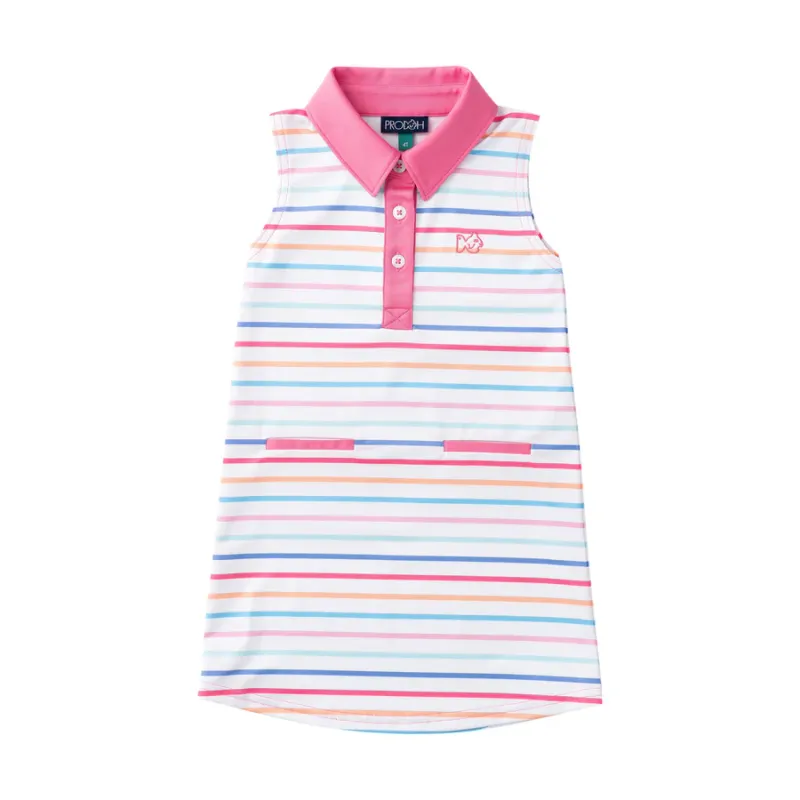 Girls Sleeveless Pro Performance Polo Dress in Sunset Stripe