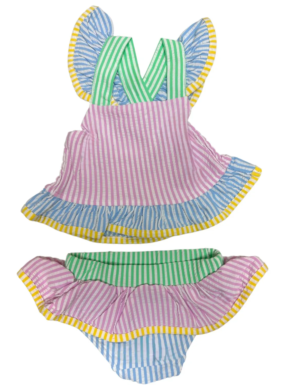 Two Piece Multi Stripe Ruffle Girl Swim