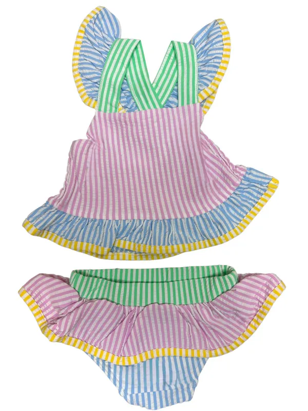 Two Piece Multi Stripe Ruffle Girl Swim