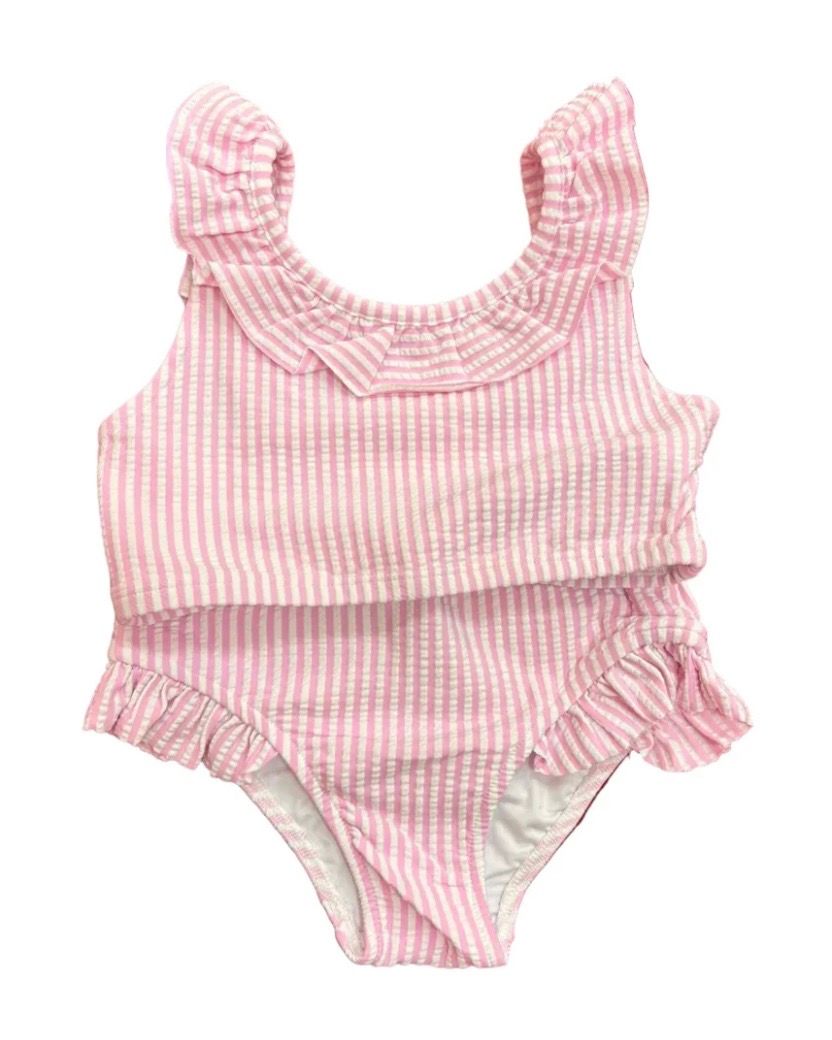 Two Piece Pink Stripe Ruffle Girl Swim Suit