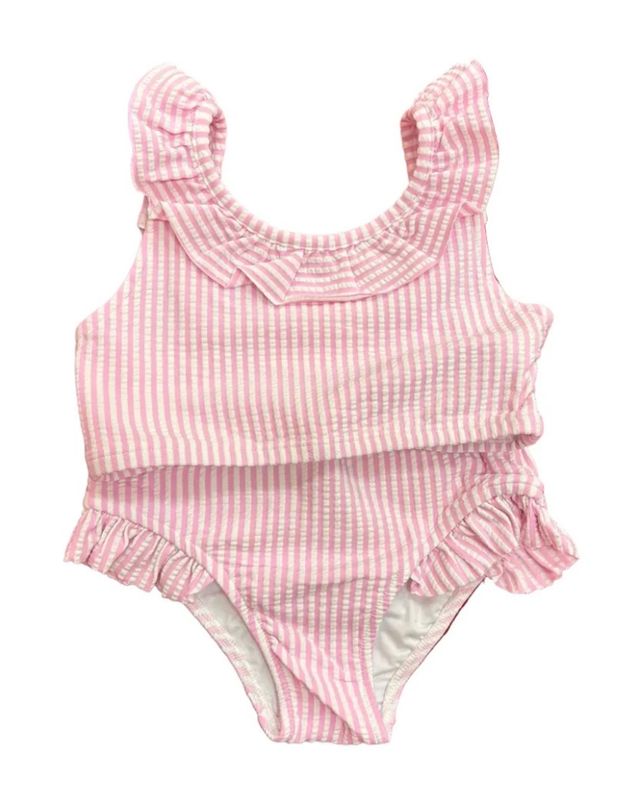Two Piece Pink Stripe Ruffle Girl Swim Suit