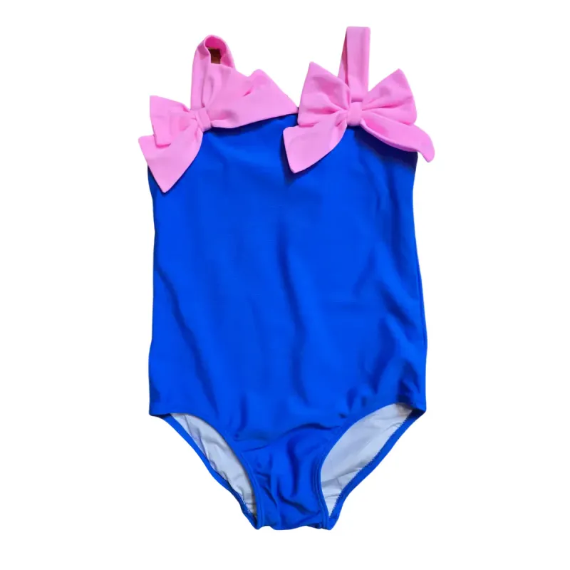 One Piece Royal Blue Neon Pink with Bow Swim Suit