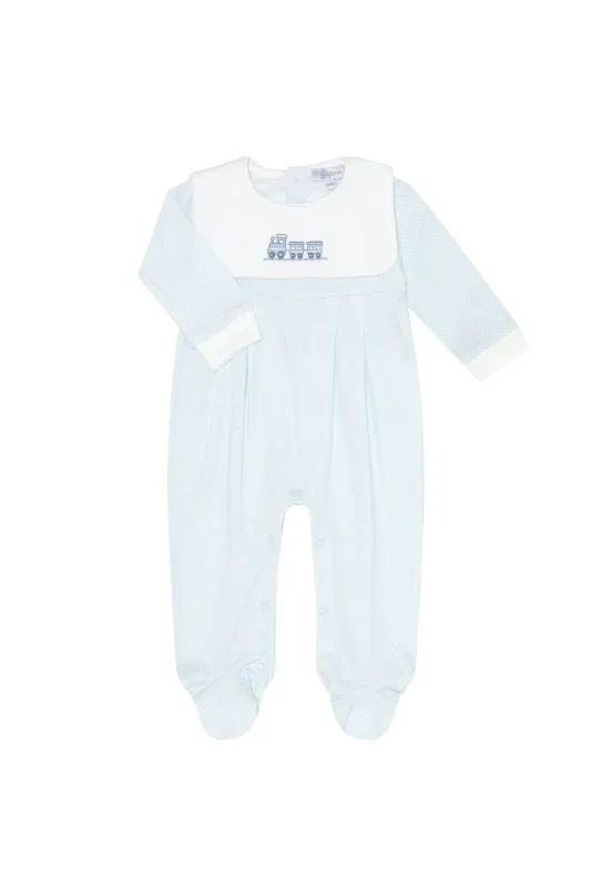 Blue Herringbone Embroidered Collared Footie