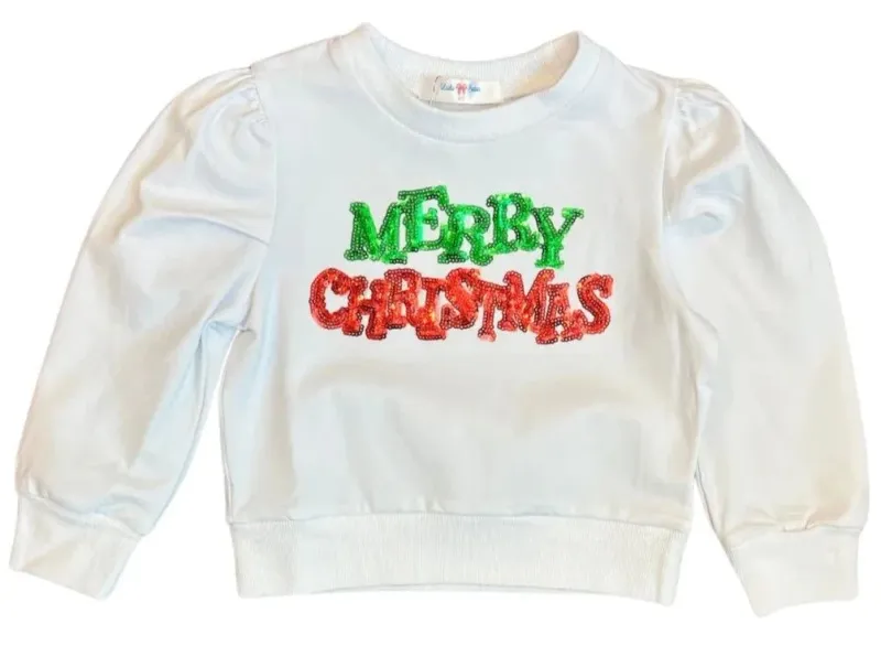 White Long Sleeve Sequin Merry Christmas Top