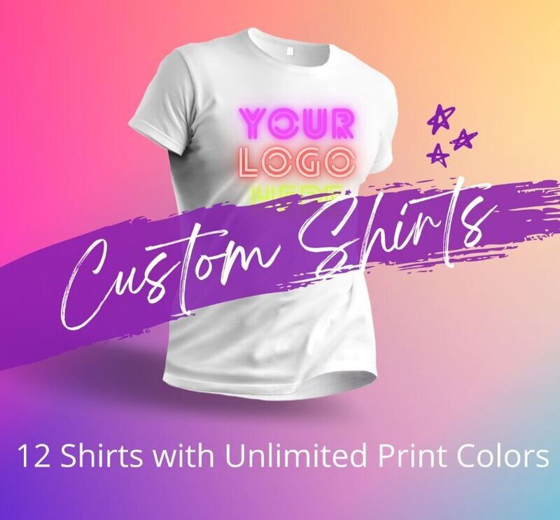 12  Full Color Custom Shirts. Logo, artwork, personalized, business, fundraiser, celebration, back to school unisex tshirts