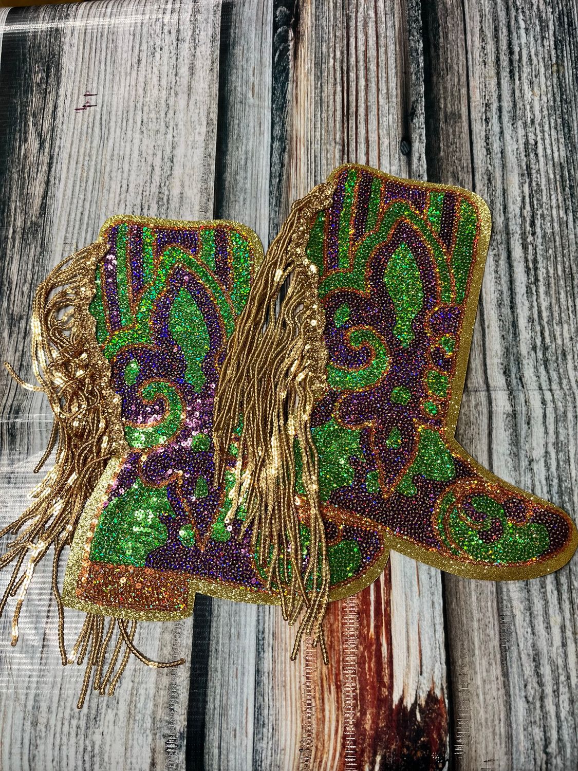 Sequin Mardi Gras Boots Patch with Fringe