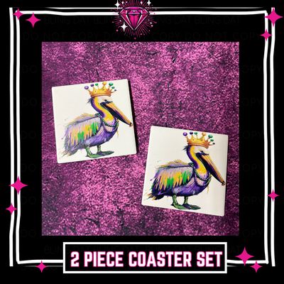 Mardi Gras Pelican 4x4 Tile Coaster Set - Crowned Louisiana State Bird