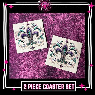 Mardi Gras Fleur de Lis 4x4 Tile Coaster Set - Purple, Green &amp; Gold
