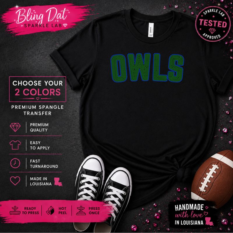 Spangle Owls Bling Transfer| Choose Any 2 Colors | Ready to Press