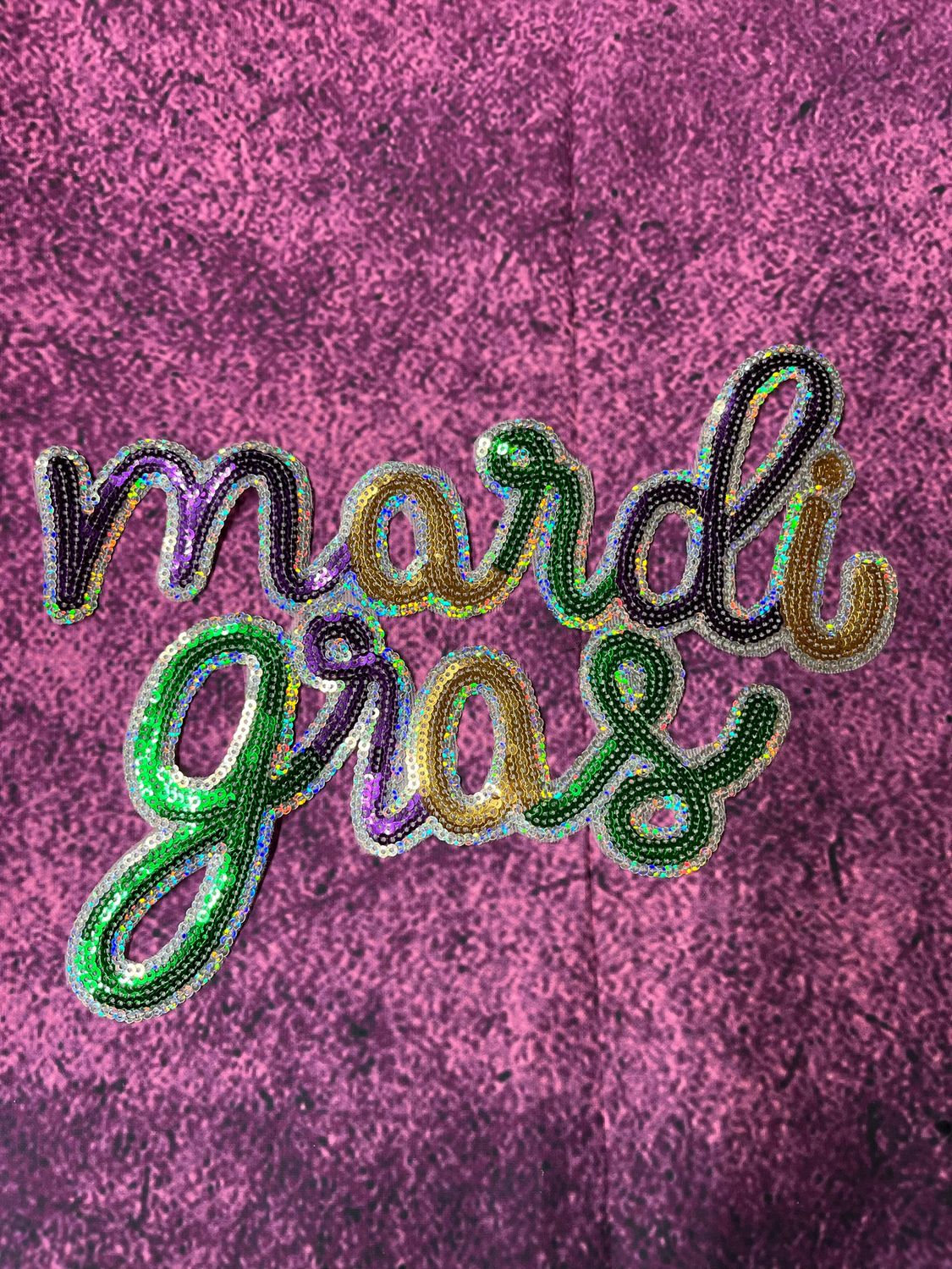 Sparkling Cursive "Mardi Gras" Sequin Statement Patch - 10" Wide
