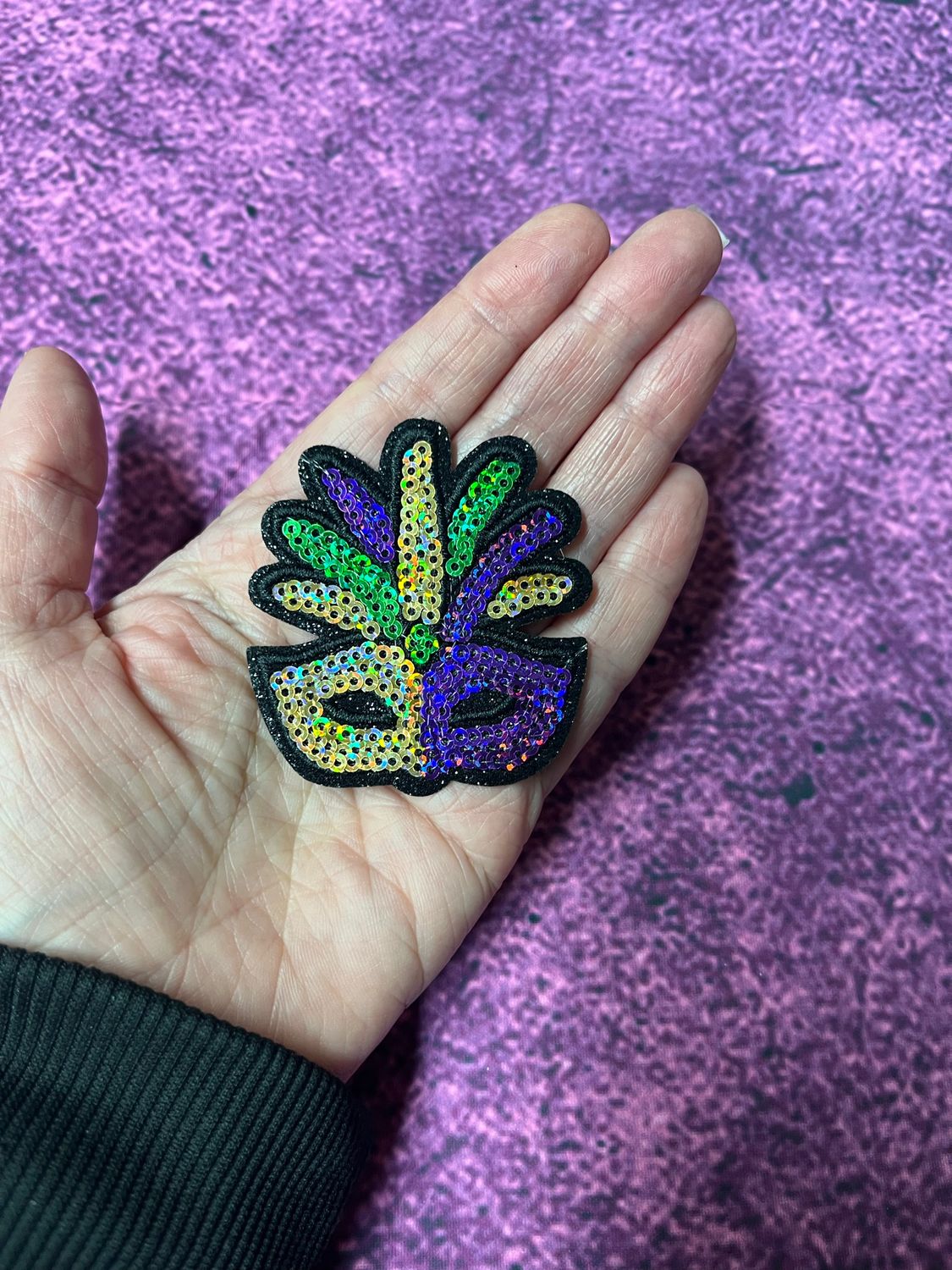 Mardi Gras Mask Iron-On Patch – Black Glitter &amp; Sequin