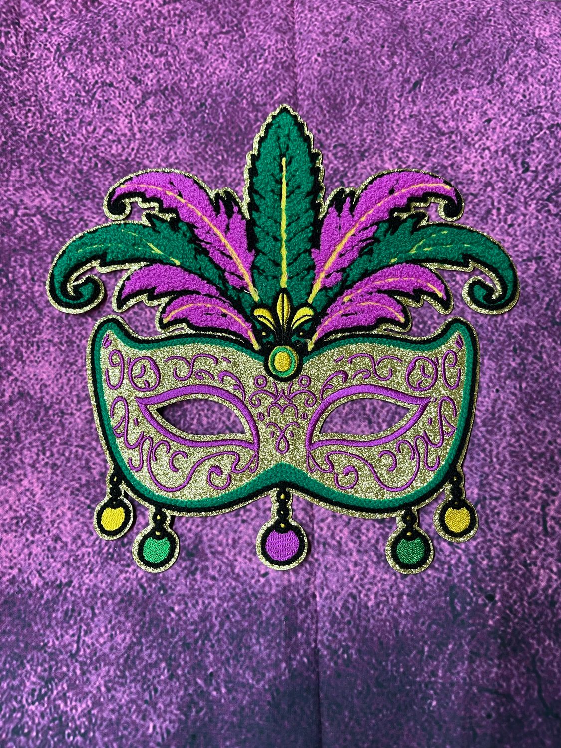 Mardi Gras Mask Iron On Patch – Glitter Chenille, 10x10 Louisiana DIY