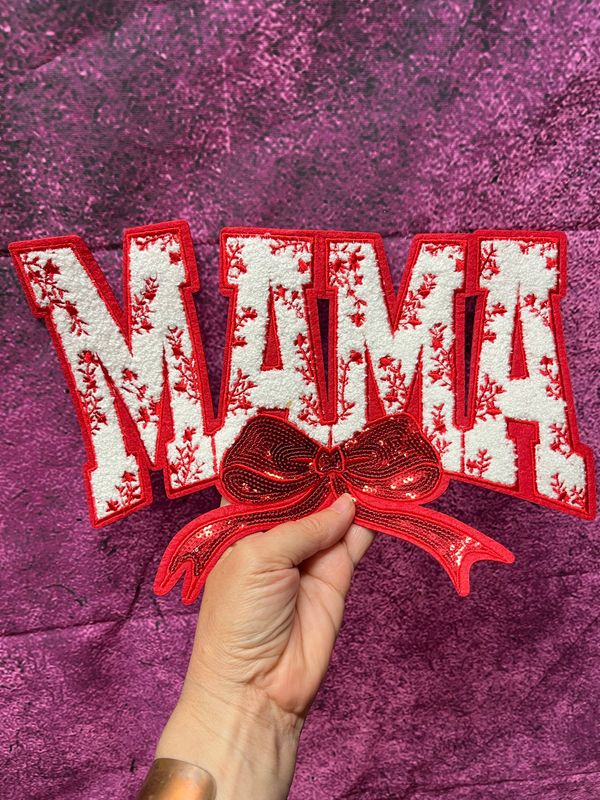Mama Chenille Sequin Bow Patch - Red