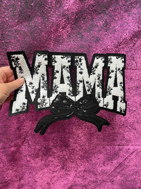 Mama Chenille Sequin Bow Patch - Black