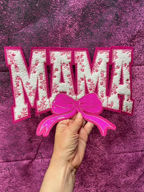 Mama Chenille Sequin Bow Patch - Pink