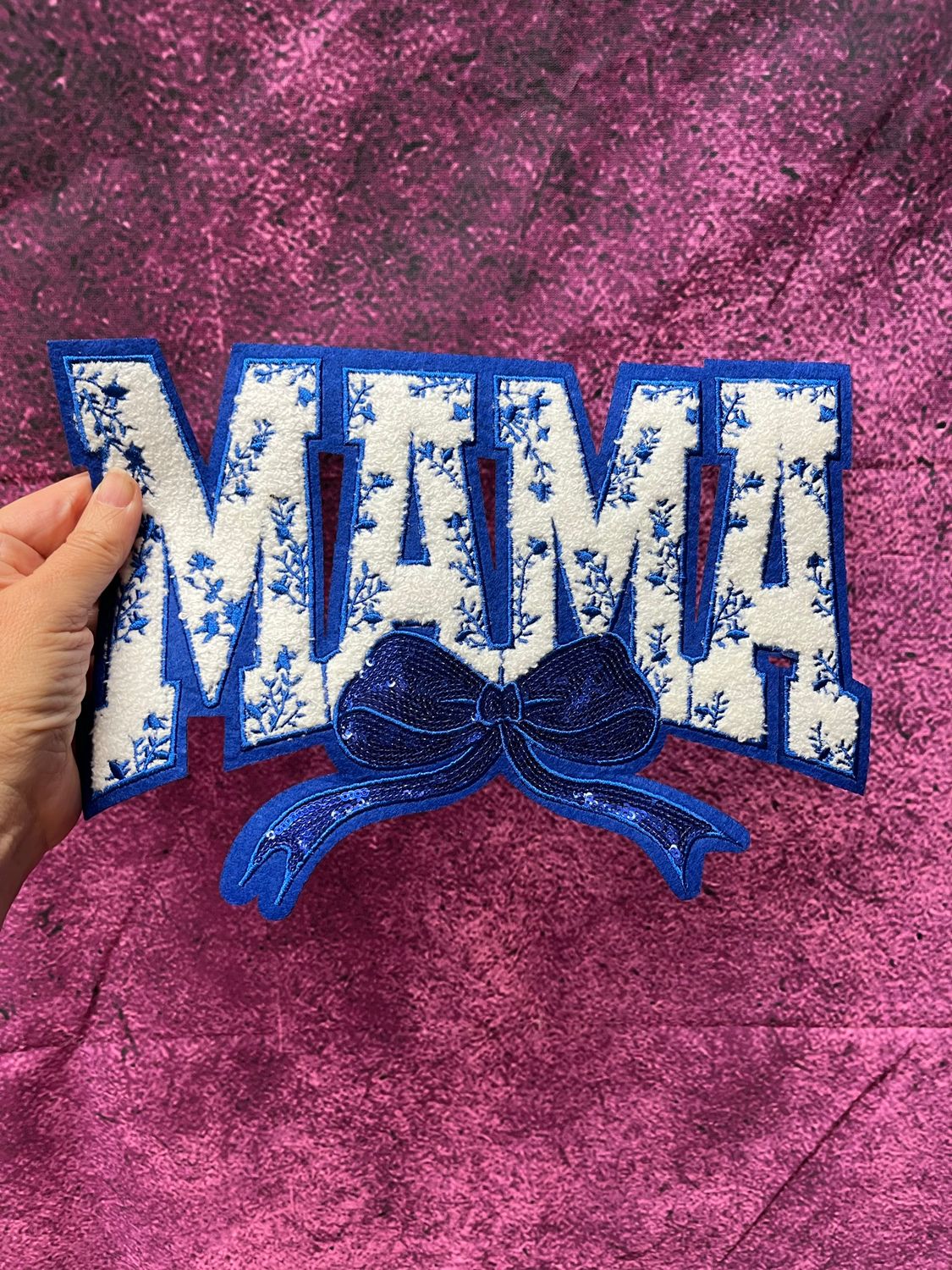Mama Chenille Sequin Bow Patch - Blue