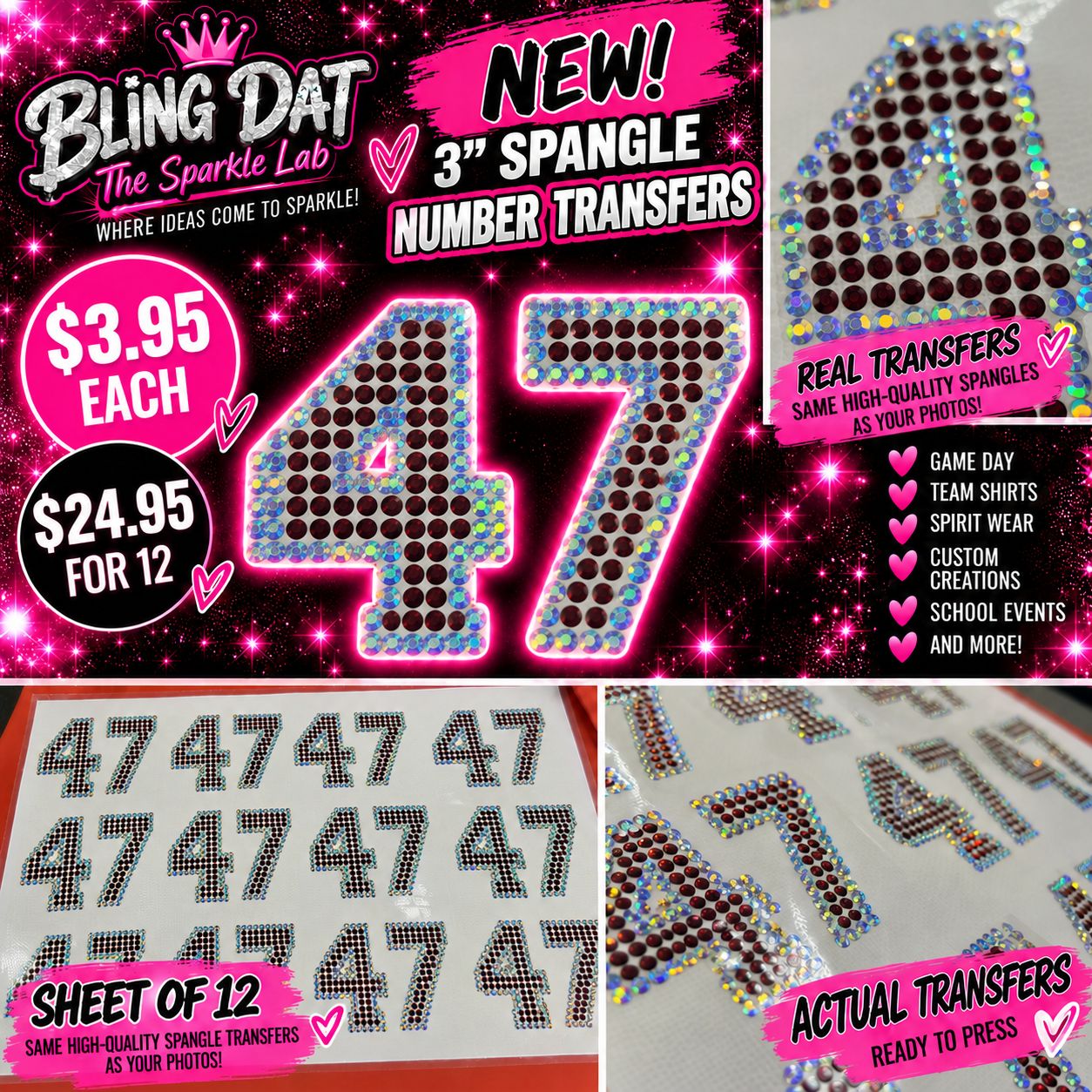 3 Inch Two Color Spangle Number Transfers | Custom Double Digit Numbers | Heat Press Transfers | Team Spirit &amp; Sports Jerseys