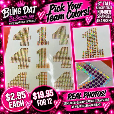 3 Inch Spangle Number Heat Transfer | Single Digit 0-9 | Custom Team Colors | Game Day Jersey Numbers | Iron On Shirt Transfer